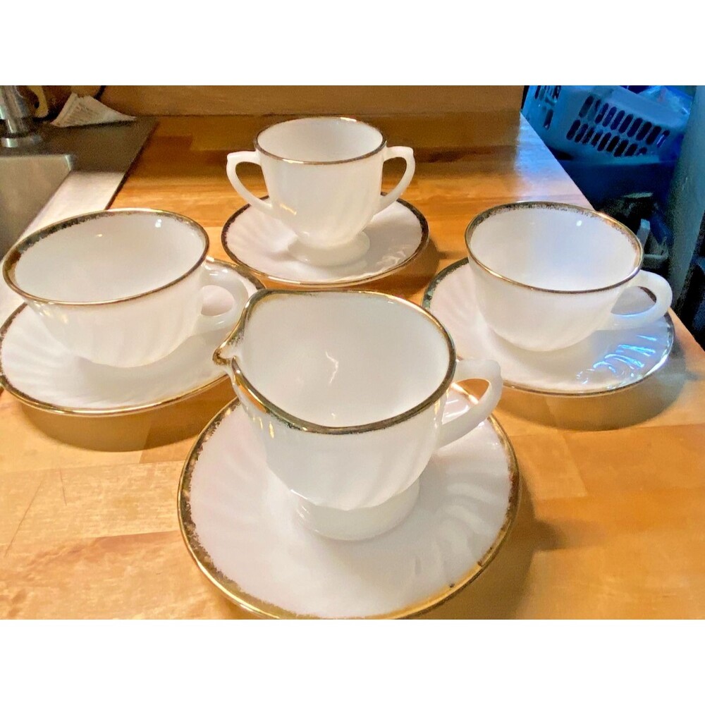 Vintage Fire King Milk Glass Tea Set Gold Trim Cups Saucers Creamer